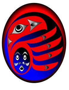 The School logo designed by Ray Sims, a member of the Musqueam Nation, depicts Raven transforming into a human child